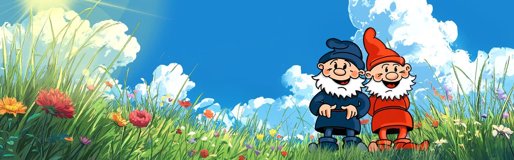 Gezeichnete Striegistaler Zwerge inmitten einer bunten Sommerwiese mit Wildblumen unter blauem Himmel und Sonnenschein.