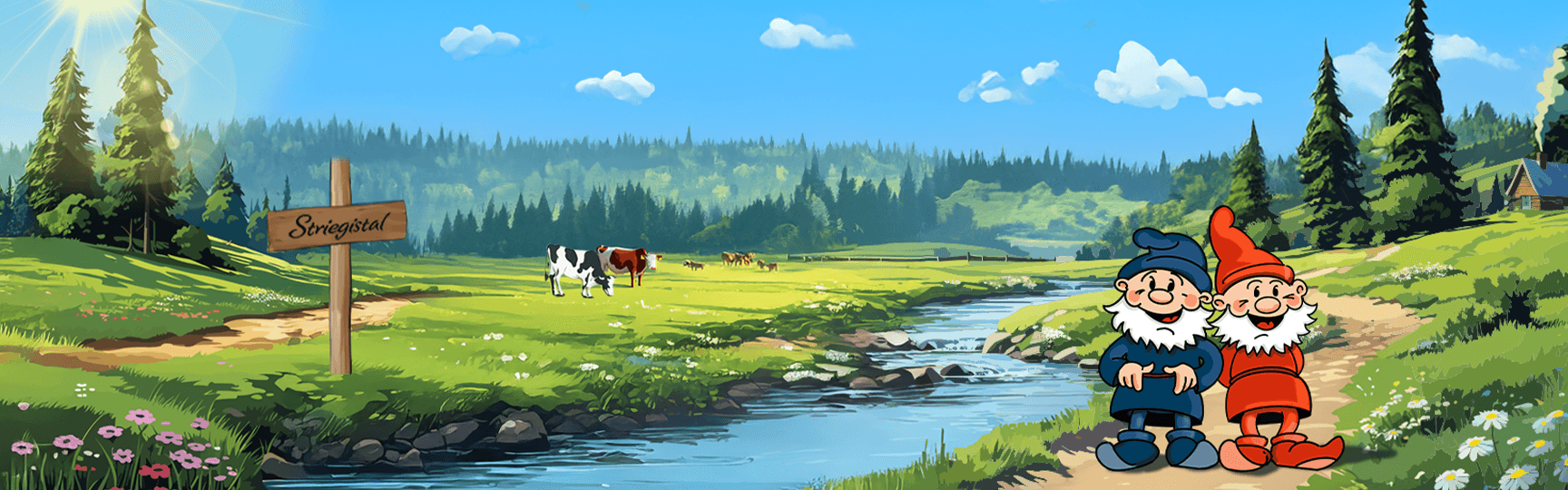 Gezeichnete Striegistaler Zwerge auf einem Waldweg im sonnigen Striegistal, mit Kühen auf der Weide, Wäldern, Bachlauf und Holzschild mit der Aufschrift „Striegistal“